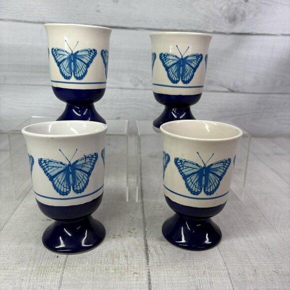Vintage BUTTERFLY Cobalt Blue White Pedestal Ceramic 10oz Irish Coffee Mug Set 4 - Picture 4 of 16